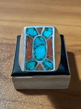 Men’s Vintage .925 Sterling Silver Turquoise Coral Chip Inlay Ring 17g Size 13